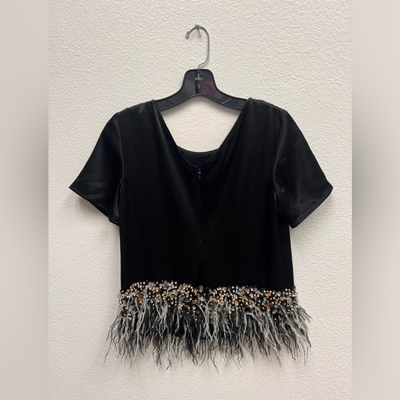 St. John Satin Hand Beaded With Black & White Feathers Top Size S - Picture 3 of 10